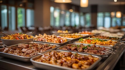Serving grilled meat buffet in a restaurant