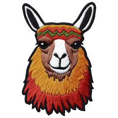 Naklejka premium A colorful llama with a headband and a red and yellow mane isolated on transparent or white background, png