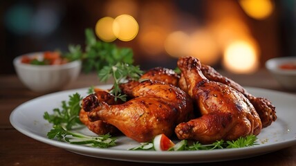 Fototapeta premium Delicious tandoori chicken in plate on wooden table