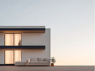 Modern architectural design of a minimalistic house at sunset with a cozy outdoor seating area