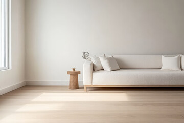 Modern living room interior with a light sofa and wooden side table in a bright minimal space