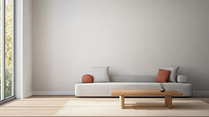 Modern living room with minimalist decor featuring a beige sofa and wooden coffee table in daylight