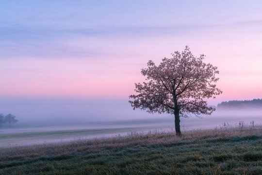 A single tree stands alone in a field of fog at sunrise.