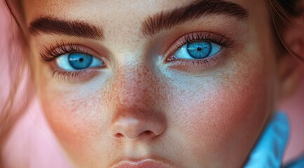 Obraz premium Close up of a woman's face with freckles and blue eyes.