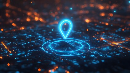 3D render of a location pin icon on a digital map with glowing blue light effects. The background is a blurred cityscape at night, 