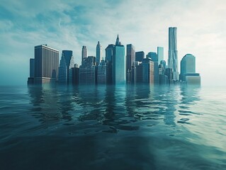 Fototapeta premium Partially Submerged City Skyline Reflecting on Rising Seas