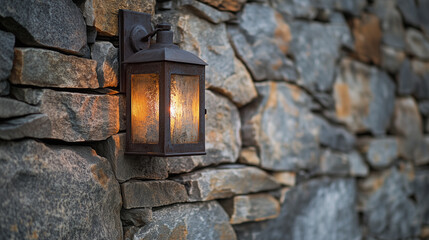 Photo of a rustic lantern casting warm light on a stone wall