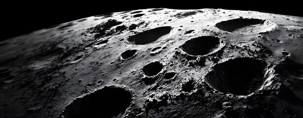 A close-up of the surface of the moon with craters and small holes, black and white, hyper-realistic, extreme detail.