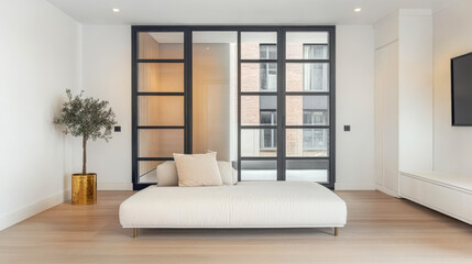 Fototapeta premium Modern minimalist living room design featuring a sleek couch and elegant decor elements