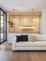 Modern living room with a cozy sofa and stylish kitchen in a bright contemporary space
