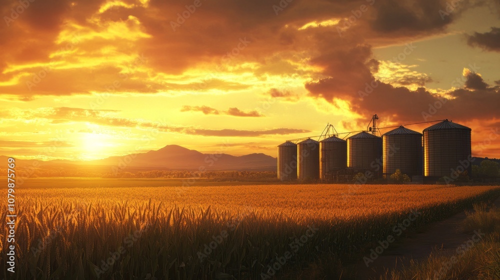 Poster a field of corn is shown with a sunset in the background