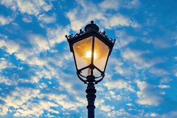 A single vintage street lamp shines against a cloudy sky.