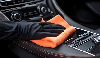 A person wearing black gloves is cleaning the interior of an expensive car with an orange microfiber cloth, close-up view of the hand 
