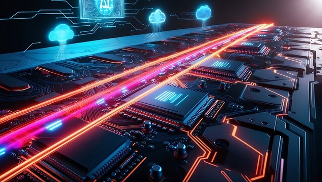 abstract futuristic circute illustration, chip or semiconductor in center, concept