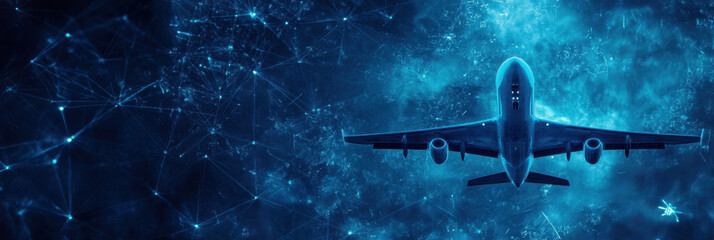 digital representation of airplane soaring through network of glowing connections, symbolizing theme of cyber security and modern technology. blue tones evoke sense of innovation and connectivity