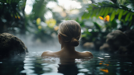 serene scene featuring woman with blonde hair, immersed in tranquil pool surrounded by lush greenery. mist adds calming atmosphere, enhancing feeling of relaxation and peace
