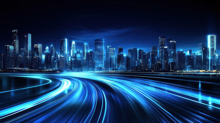 Fototapeta premium vibrant city skyline illuminated by blue lights reflects modern, technological atmosphere. dynamic light trails suggest movement and energy, creating captivating urban scene
