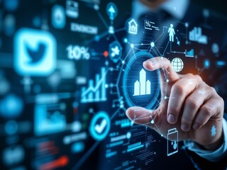 Fototapeta premium A focused close-up image of a man interacting with a digital screen full of business symbols, showcasing the interconnectedness of various economic topics.