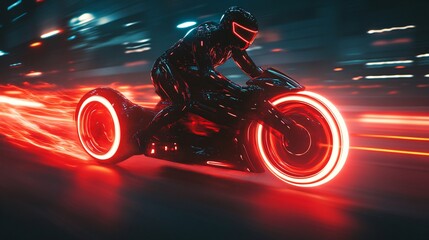 Obraz premium A man in a sleek black and red glowing suit riding a red and black Motorcycle, leaving a bright red glowing trail.