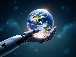 A futuristic scene featuring a robot hand lifting a crystal globe of Earth, conveying the message of hope and innovation in the fight for a sustainable future.
