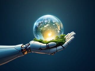 A symbolic representation of a robot hand and crystal globe, highlighting the important role of technology in preserving the environment for future generations.