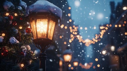 Obraz premium A vintage street lamp covered in snow and decorated with Christmas lights and snowflakes.