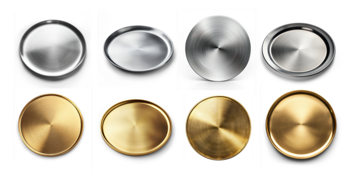 Collection of Plate of aluminum and golden alloy with a smooth surface. isolated on transparent background