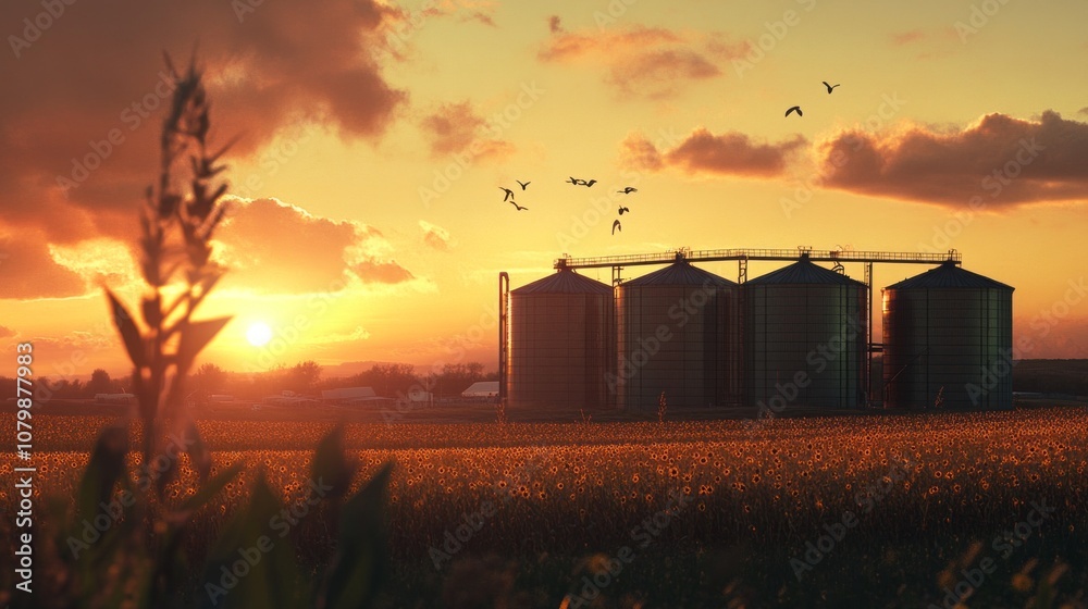 Poster a field of corn with a sunset in the background
