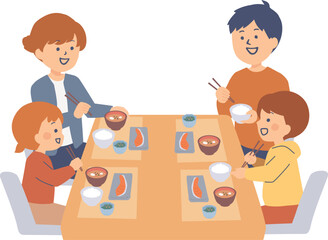 一緒に食事をする家族のイラスト
