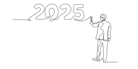 continuous line drawing of people standing writing on the wall the number 2025.one line drawn 2025 new year anniversary sign.single line vector illustration.isolated white background