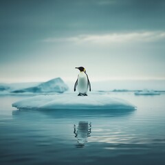 Obraz premium Lone Penguin on Shrinking Ice Floe Symbolizing Global Warming Threat to Wildlife