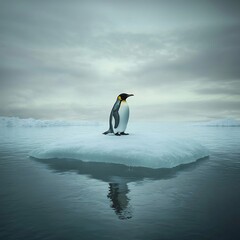 Fototapeta premium Lone Penguin on Shrinking Ice Floe Symbolizing Threat of Global Warming to Wildlife