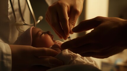 Doctora??s hands adjusting the babya??s position before the injection.