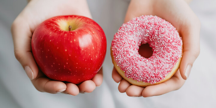 Choosing between an apple and a donut for healthy lifestyle contrast