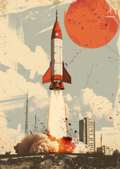 Retro rocket launch with red accents and large orange planet, vintage sci-fi illustration featuring urban backdrop and bold design elements
