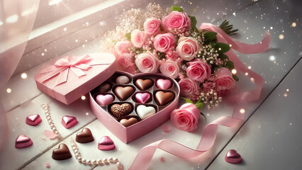 St Valentine's concept with heart-shaped chocolates and pink roses in a chocolate box