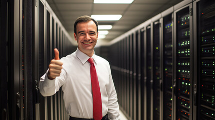 Fototapeta premium Professional in data center smiling with thumbs up gesture reflecting success and technology