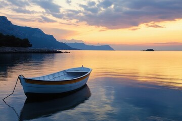 Naklejka premium A small boat sits in calm water at sunrise with mountains in the background.