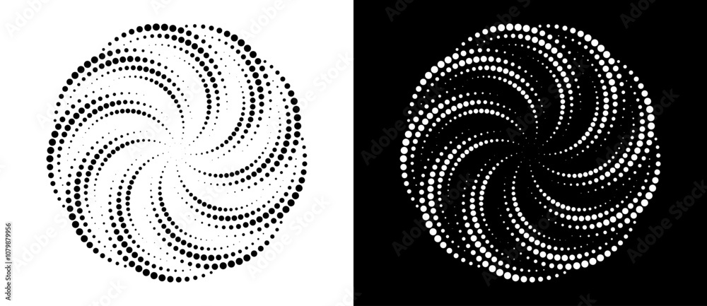 Aufkleber Modern abstract background. Halftone dots in circle form. Spiral logo. Vector dotted frame. Design element or icon. Black dots on a white background and white dots on the black side.