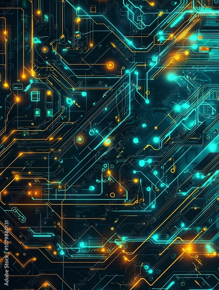 Poster neon circuit board design with intricate glowing lines and microchip elements