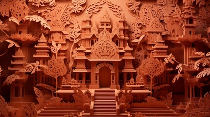 Fototapeta premium Paper cut of a Hindu temple with intricate carvings and sacred rituals,Generative ai illustration