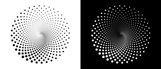 Modern abstract background. Halftone dots in circle form. Round logo. Vector dotted frame. Design element or icon. Black shape on a white background and the same white shape on the black side.