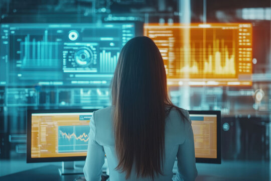 professional woman analyzes data on multiple screens in modern office environment, showcasing advanced technology and data visualization