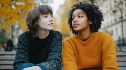 Fototapeta premium Gender equality awareness in France, Gen Z discussing social issues, calm and respectful atmosphere.