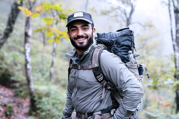 Arabian male ranger patrolling at foggy dense forest for conservation
