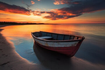 A small boat sits on the shore at sunset.