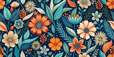 Fototapeta premium A Vibrant Floral Pattern with Orange, Yellow, and Blue Flowers on a Deep Blue Background