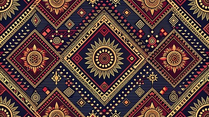 Geometric Sunburst Pattern with Intricate Details and Repeating Shapes in Red, Yellow, and Gold Tones