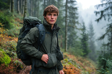 Germany male ranger patrolling at foggy dense forest for conservation