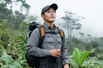 Japanese male ranger patrolling at foggy dense forest for conservation